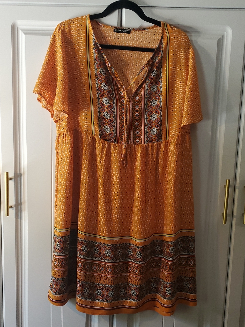 SHEIN Mustard Yellow Boho Midi Dress with Printed Panel